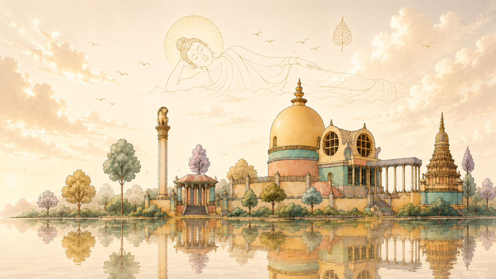 Kushinara sacred skyline illustration with reclining Buddha, temples, trees, and warm heritage line art